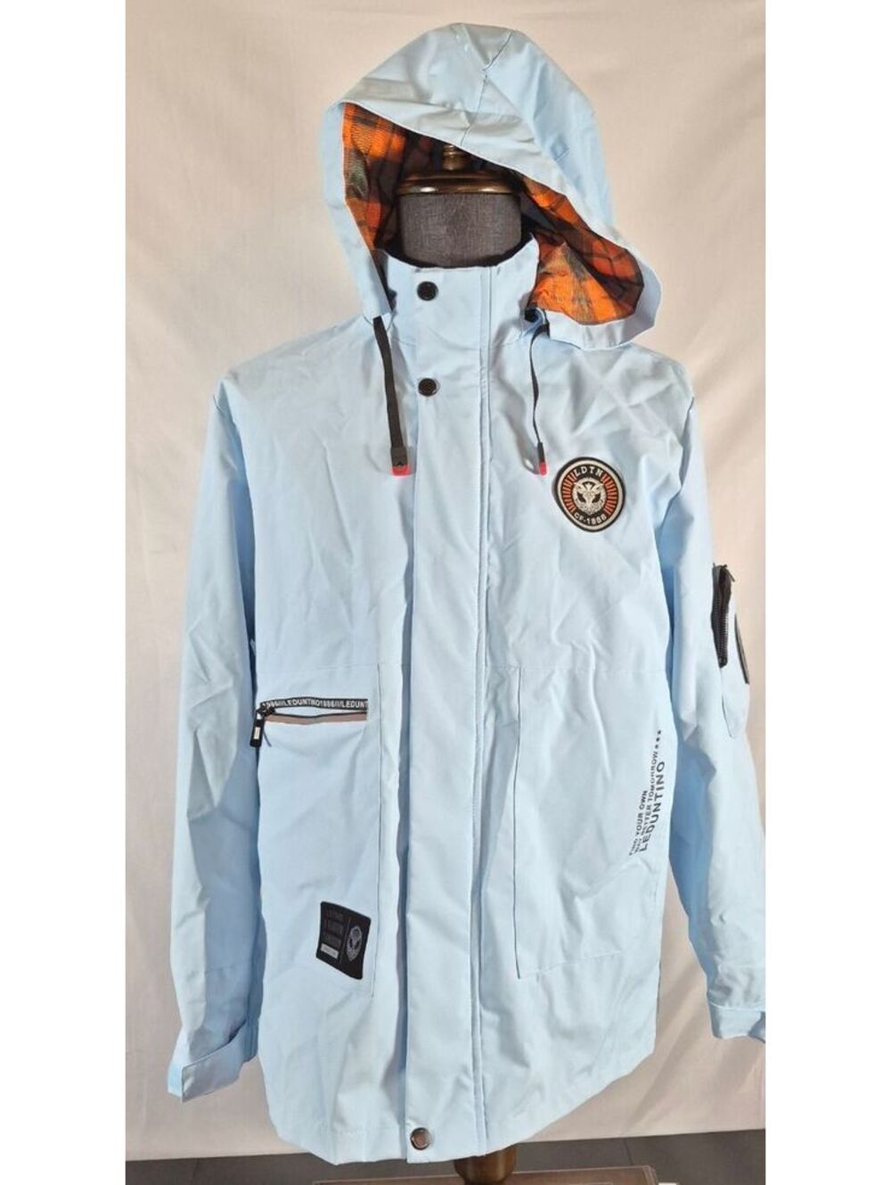 LEDUNTINO Men’s Medium Light Blue Hooded Utility Jacket Plaid Lined